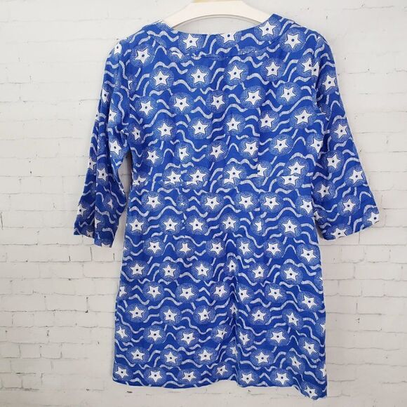 Boden Star Print Blue White 100% Linen Dress Size 4 Petite July 4th Patriotic - Picture 7 of 9